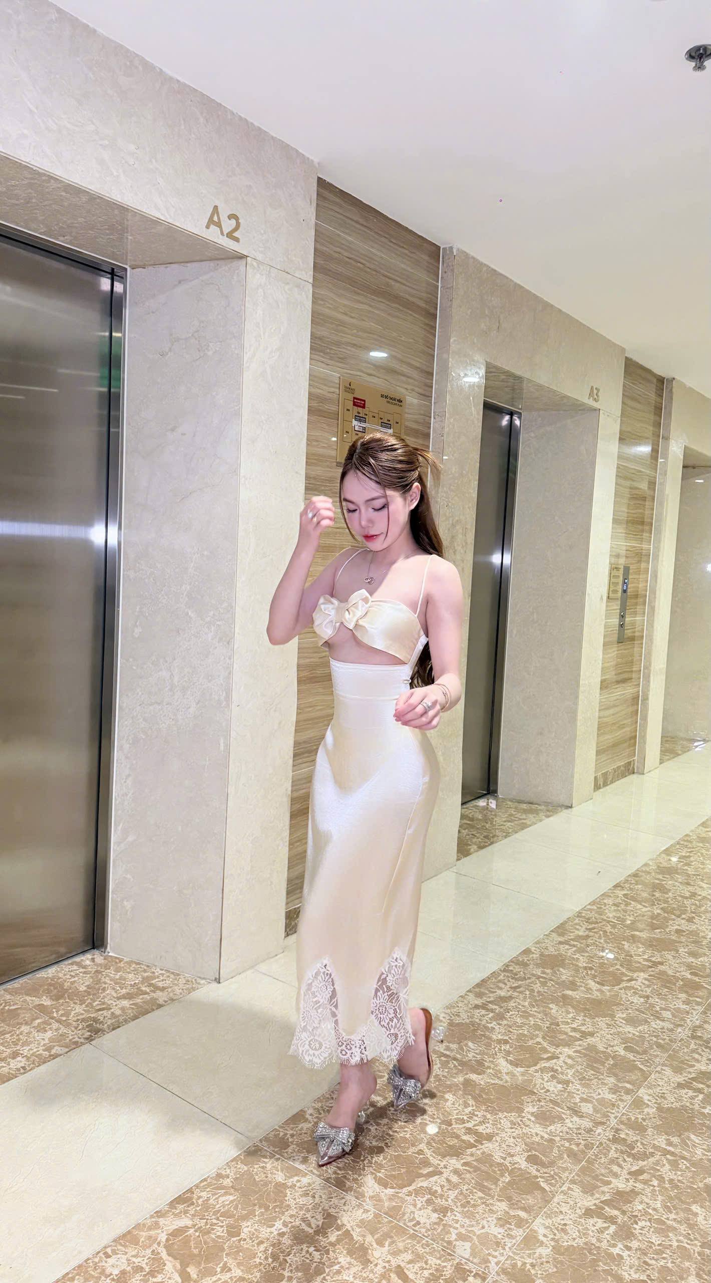 Champagne Lace Trim Slip Dress